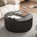 Round Wooden Coffee Table with Storage, Modern Accent Circle Table with Fluted Pedestal Base, Natural Wood Center Table for Small Spaces