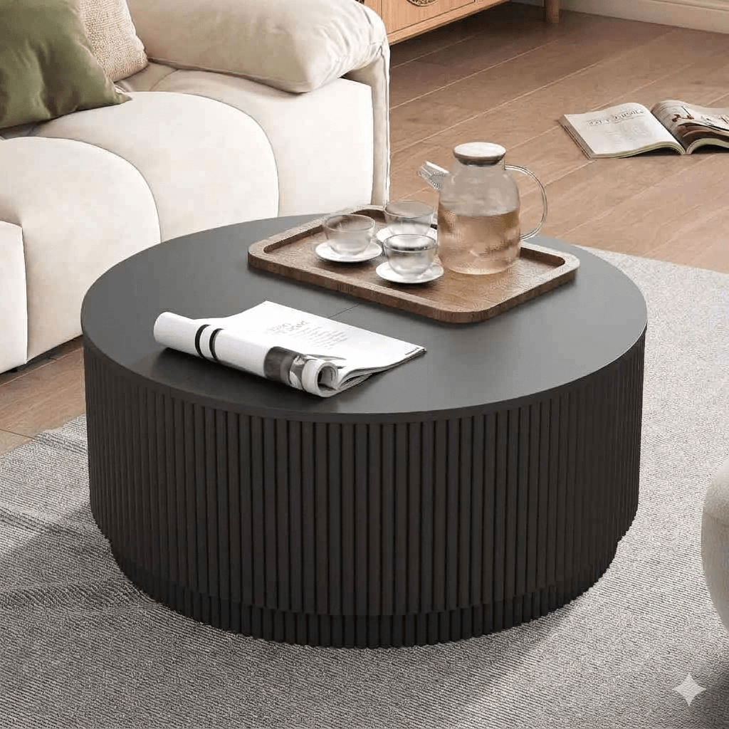 Round Wooden Coffee Table with Storage, Modern Accent Circle Table with Fluted Pedestal Base, Natural Wood Center Table for Small Spaces