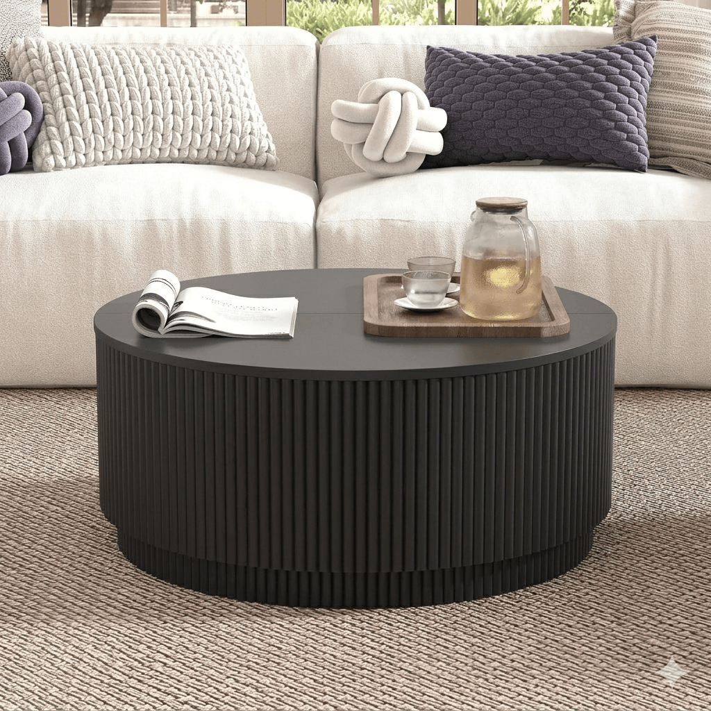 Round Wooden Coffee Table with Storage, Modern Accent Circle Table with Fluted Pedestal Base, Natural Wood Center Table for Small Spaces
