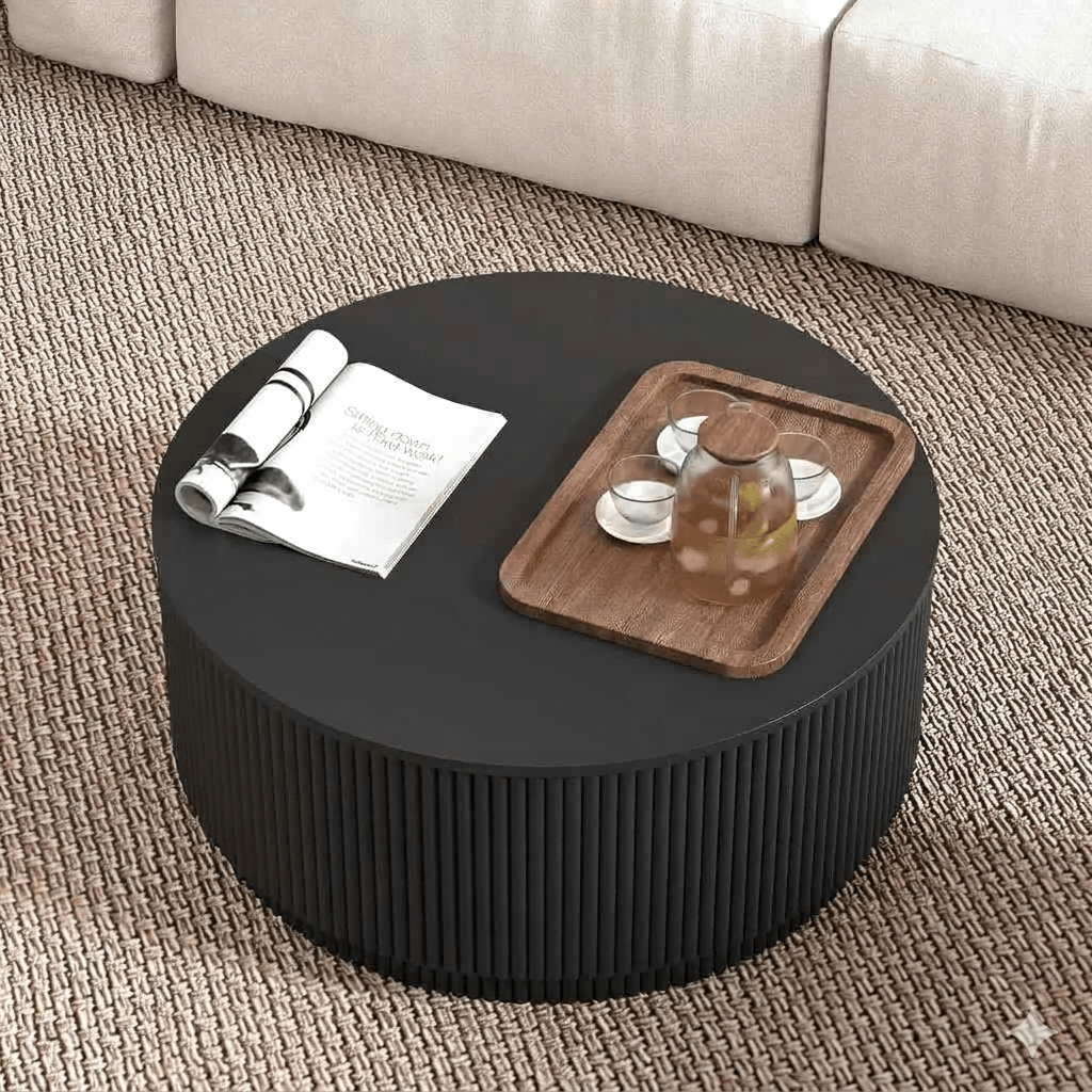 Round Wooden Coffee Table with Storage, Modern Accent Circle Table with Fluted Pedestal Base, Natural Wood Center Table for Small Spaces