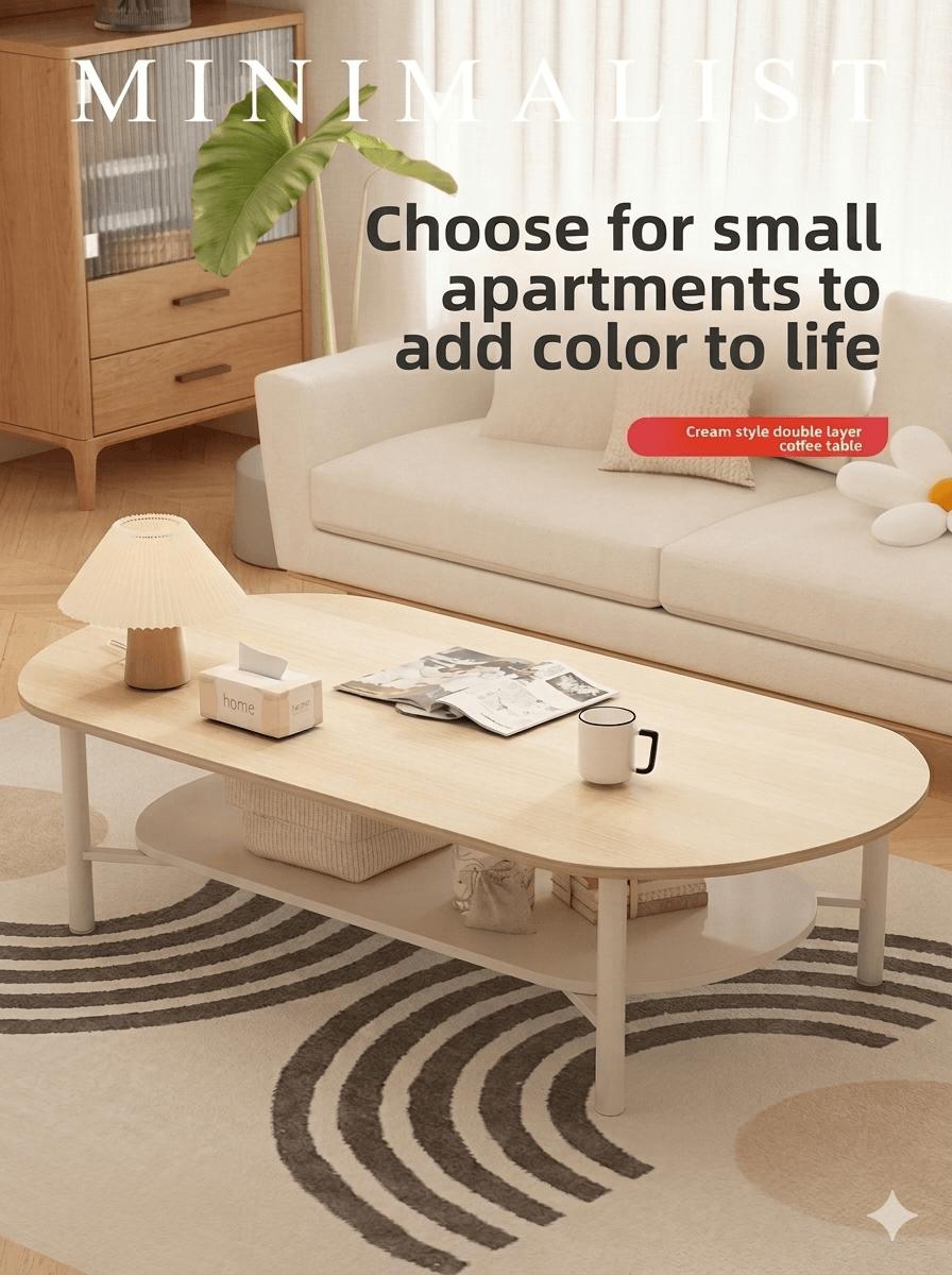 Minimalist Double-Layer Oval Table: Small Footprint, Max Storage. Say Goodbye to Living Room Clutter