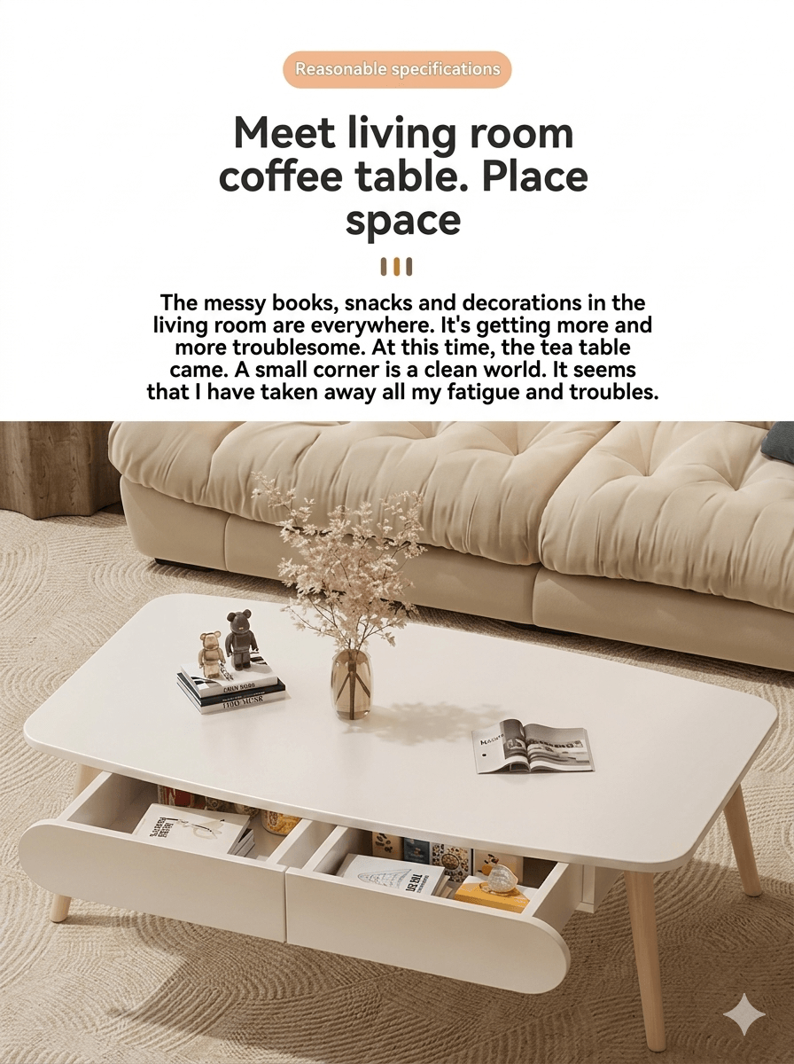 Modern Cream Style Coffee Table for Small Living Room: Minimalist 2-Drawer Low Table, Versatile Floor Desk for Balcony & Bedroom