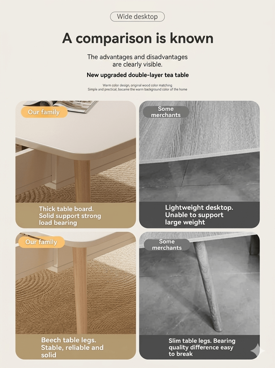 Modern Cream Style Coffee Table for Small Living Room: Minimalist 2-Drawer Low Table, Versatile Floor Desk for Balcony & Bedroom