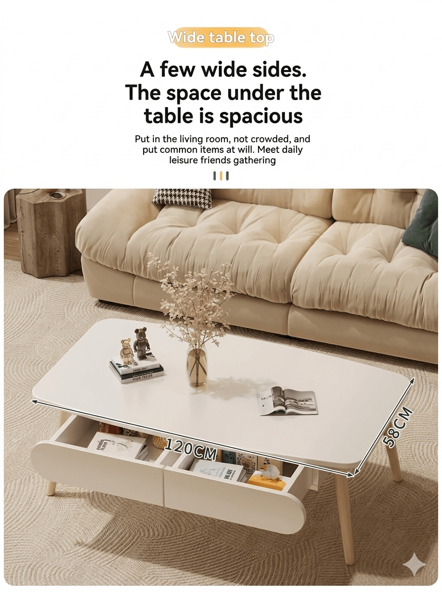 Modern Cream Style Coffee Table for Small Living Room: Minimalist 2-Drawer Low Table, Versatile Floor Desk for Balcony & Bedroom