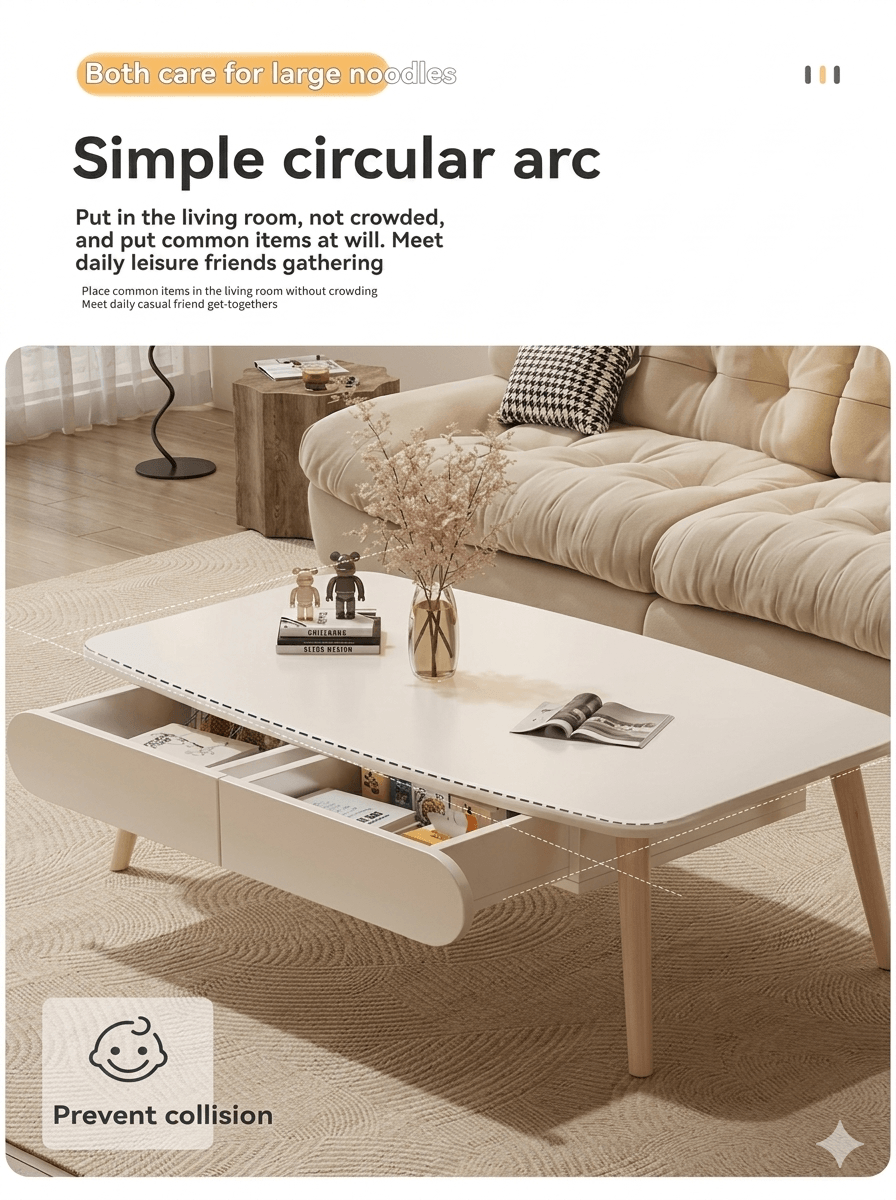 Modern Cream Style Coffee Table for Small Living Room: Minimalist 2-Drawer Low Table, Versatile Floor Desk for Balcony & Bedroom