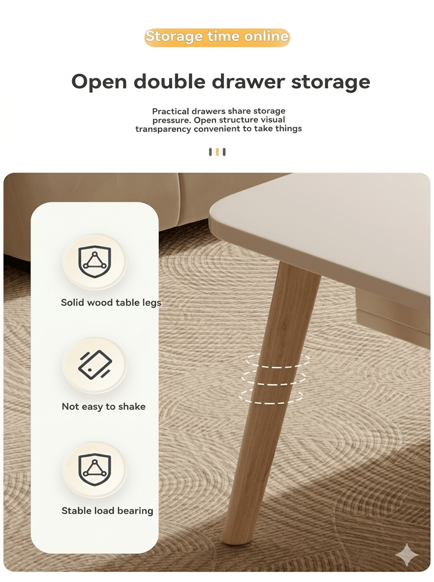 Modern Cream Style Coffee Table for Small Living Room: Minimalist 2-Drawer Low Table, Versatile Floor Desk for Balcony & Bedroom