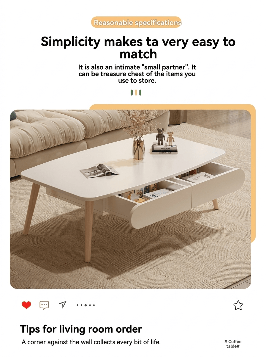 Modern Cream Style Coffee Table for Small Living Room: Minimalist 2-Drawer Low Table, Versatile Floor Desk for Balcony & Bedroom