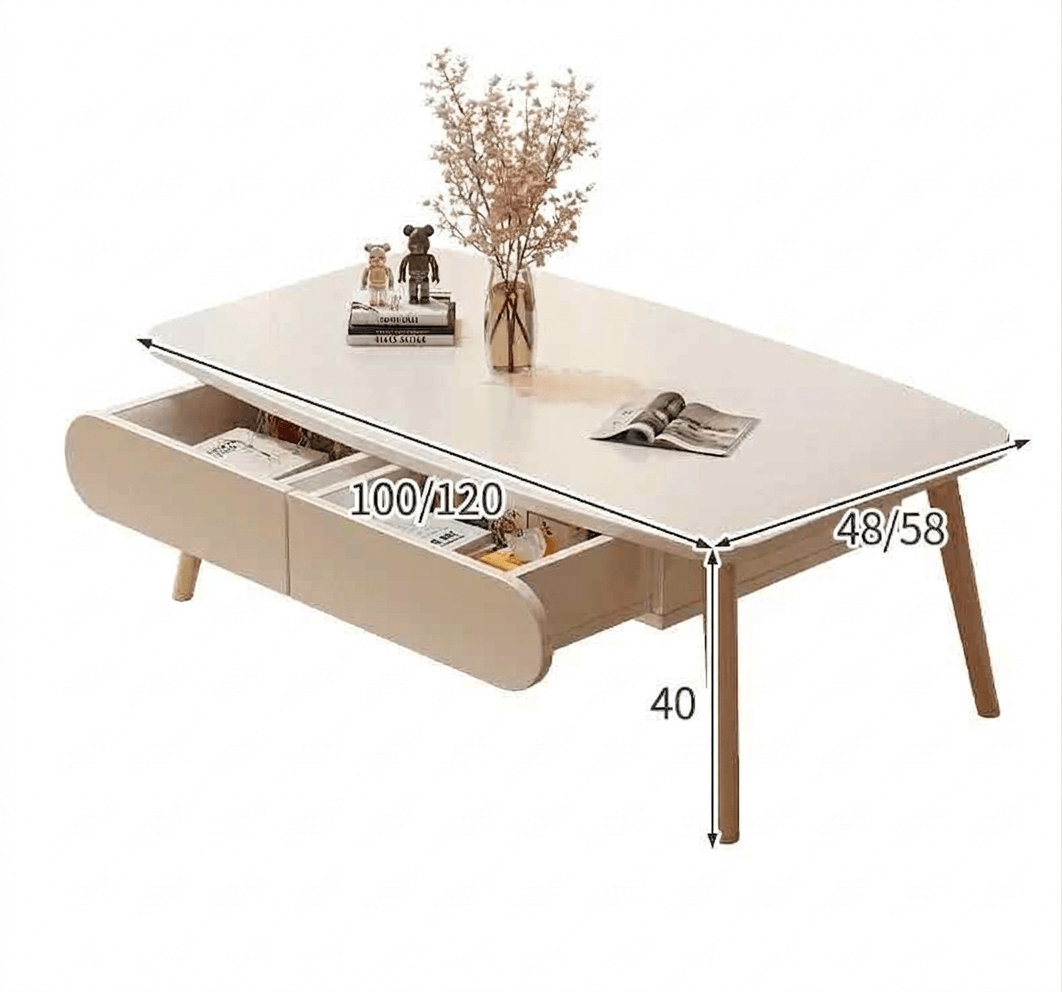 Modern Cream Style Coffee Table for Small Living Room: Minimalist 2-Drawer Low Table, Versatile Floor Desk for Balcony & Bedroom