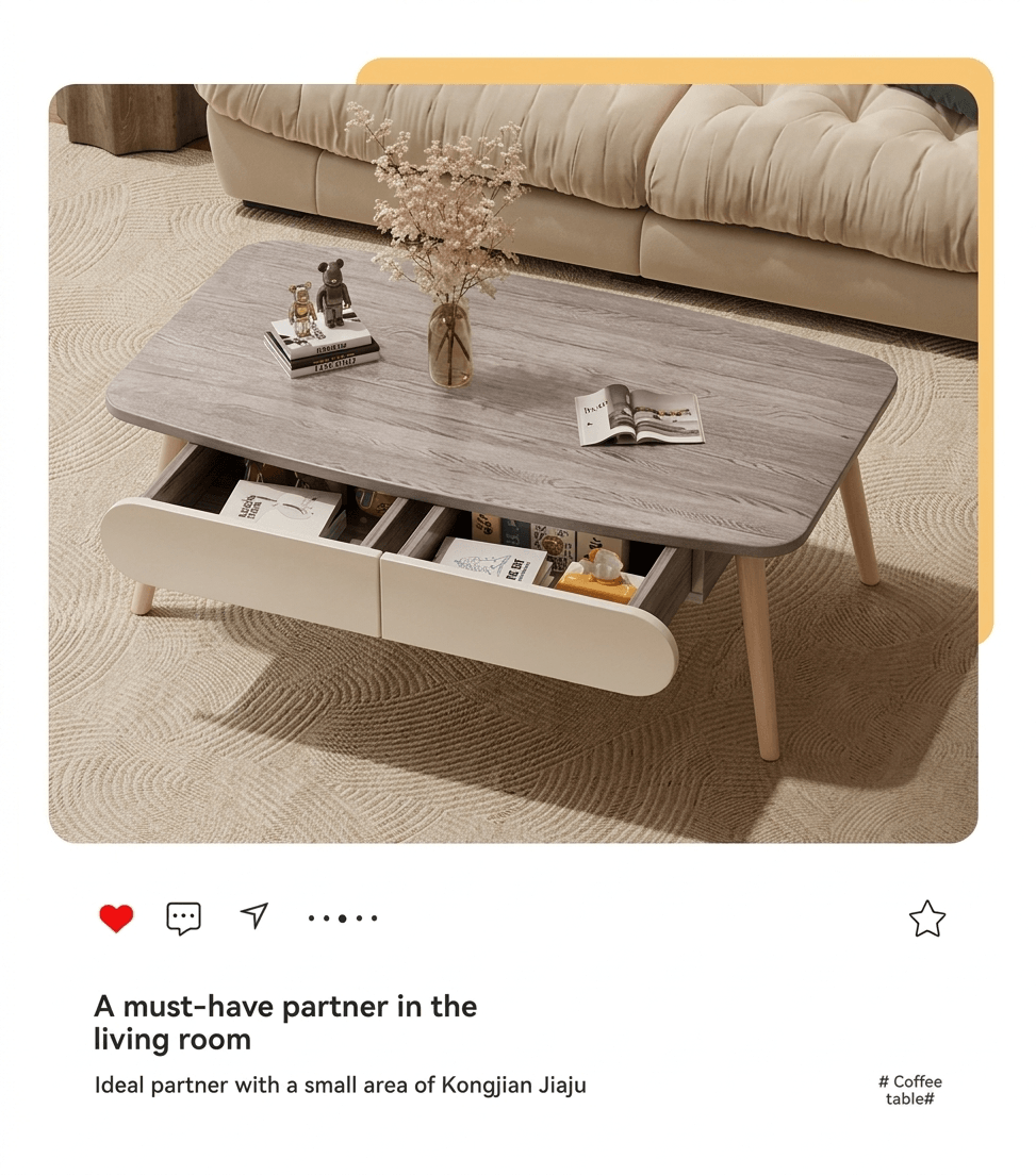 Modern Cream Style Coffee Table for Small Living Room: Minimalist 2-Drawer Low Table, Versatile Floor Desk for Balcony & Bedroom