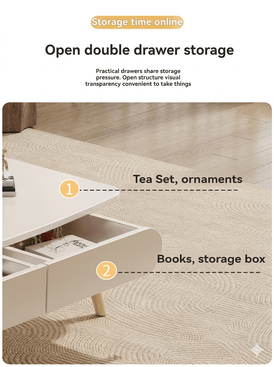 Modern Cream Style Coffee Table for Small Living Room: Minimalist 2-Drawer Low Table, Versatile Floor Desk for Balcony & Bedroom