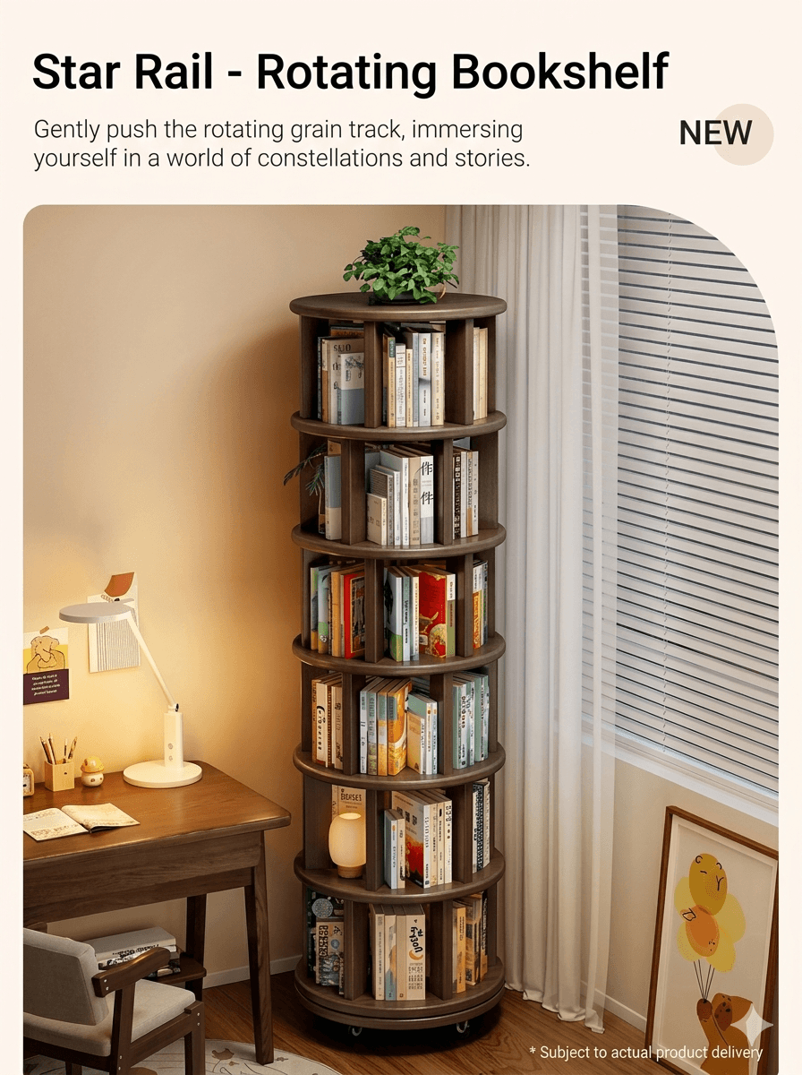 Modern Oak Rotating Bookcase: Mobile Space-Saving Solid Wood Storage Tower, Round Spinning Display Shelf for Living Room & Study
