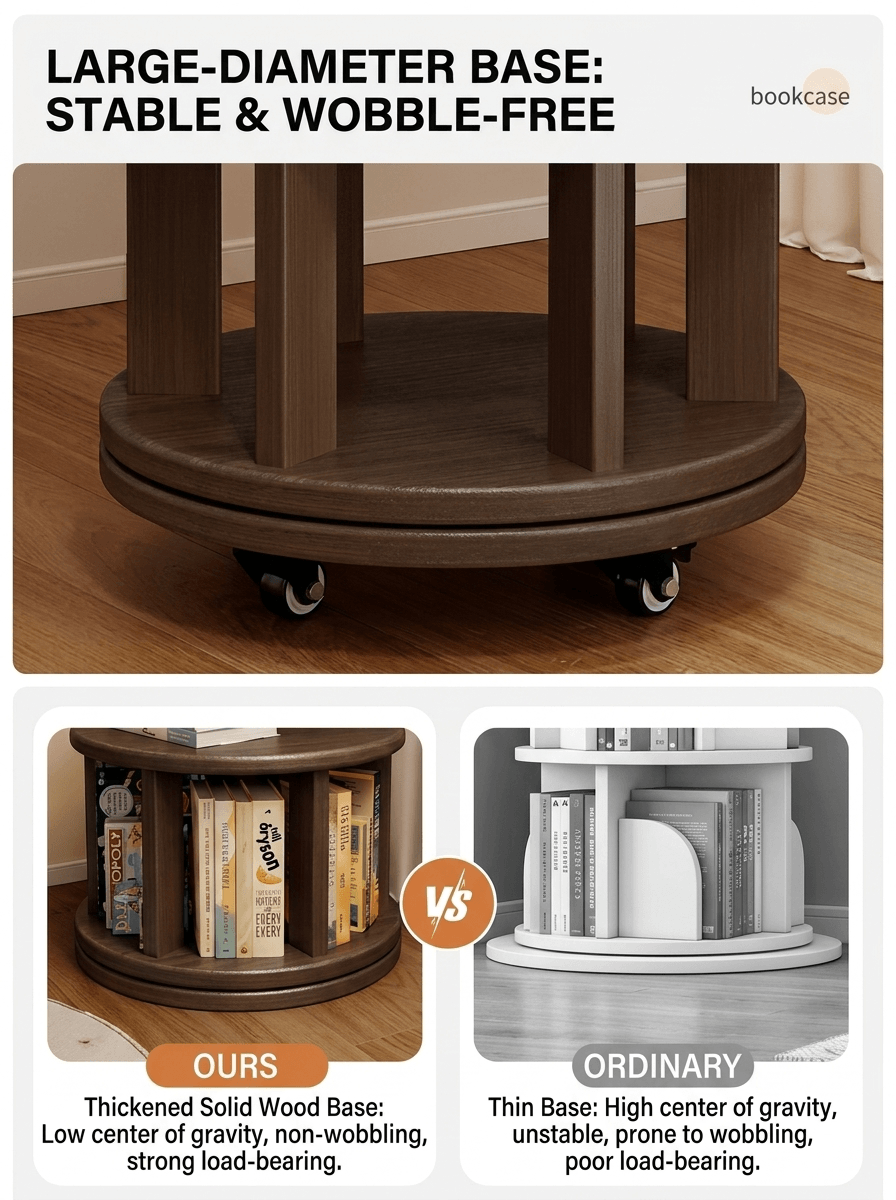 Modern Oak Rotating Bookcase: Mobile Space-Saving Solid Wood Storage Tower, Round Spinning Display Shelf for Living Room & Study