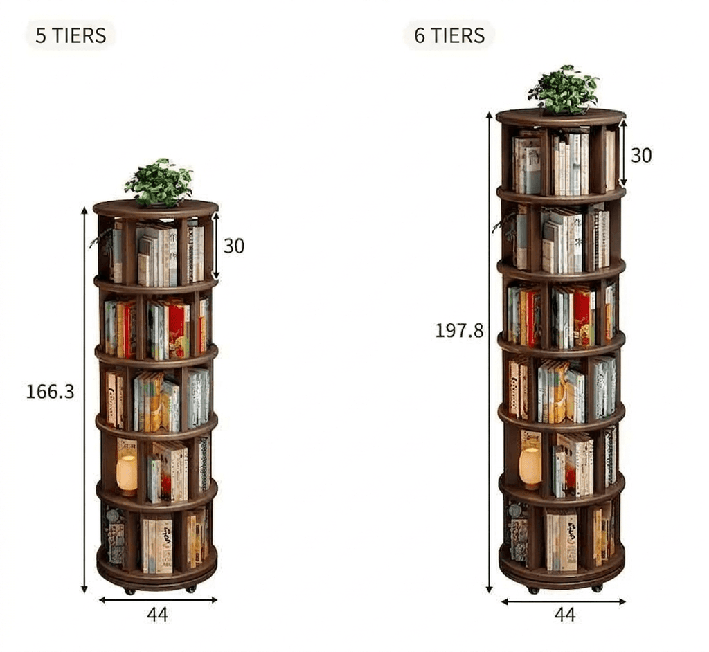 Modern Oak Rotating Bookcase: Mobile Space-Saving Solid Wood Storage Tower, Round Spinning Display Shelf for Living Room & Study