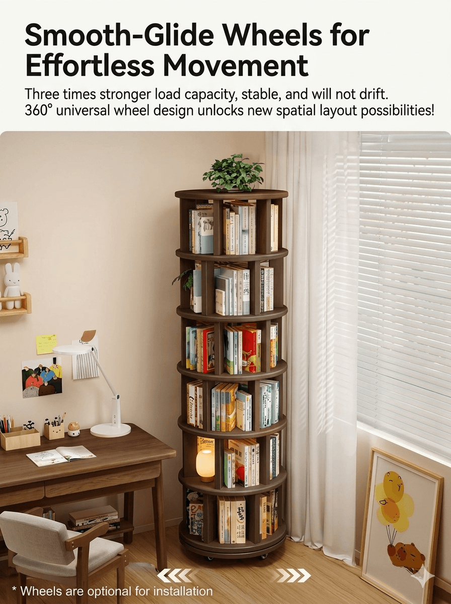 Modern Oak Rotating Bookcase: Mobile Space-Saving Solid Wood Storage Tower, Round Spinning Display Shelf for Living Room & Study