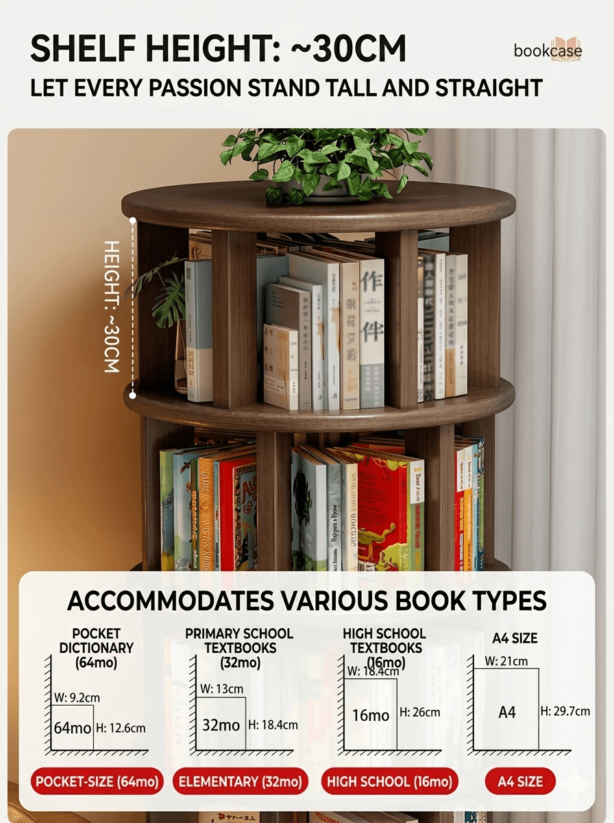 Modern Oak Rotating Bookcase: Mobile Space-Saving Solid Wood Storage Tower, Round Spinning Display Shelf for Living Room & Study